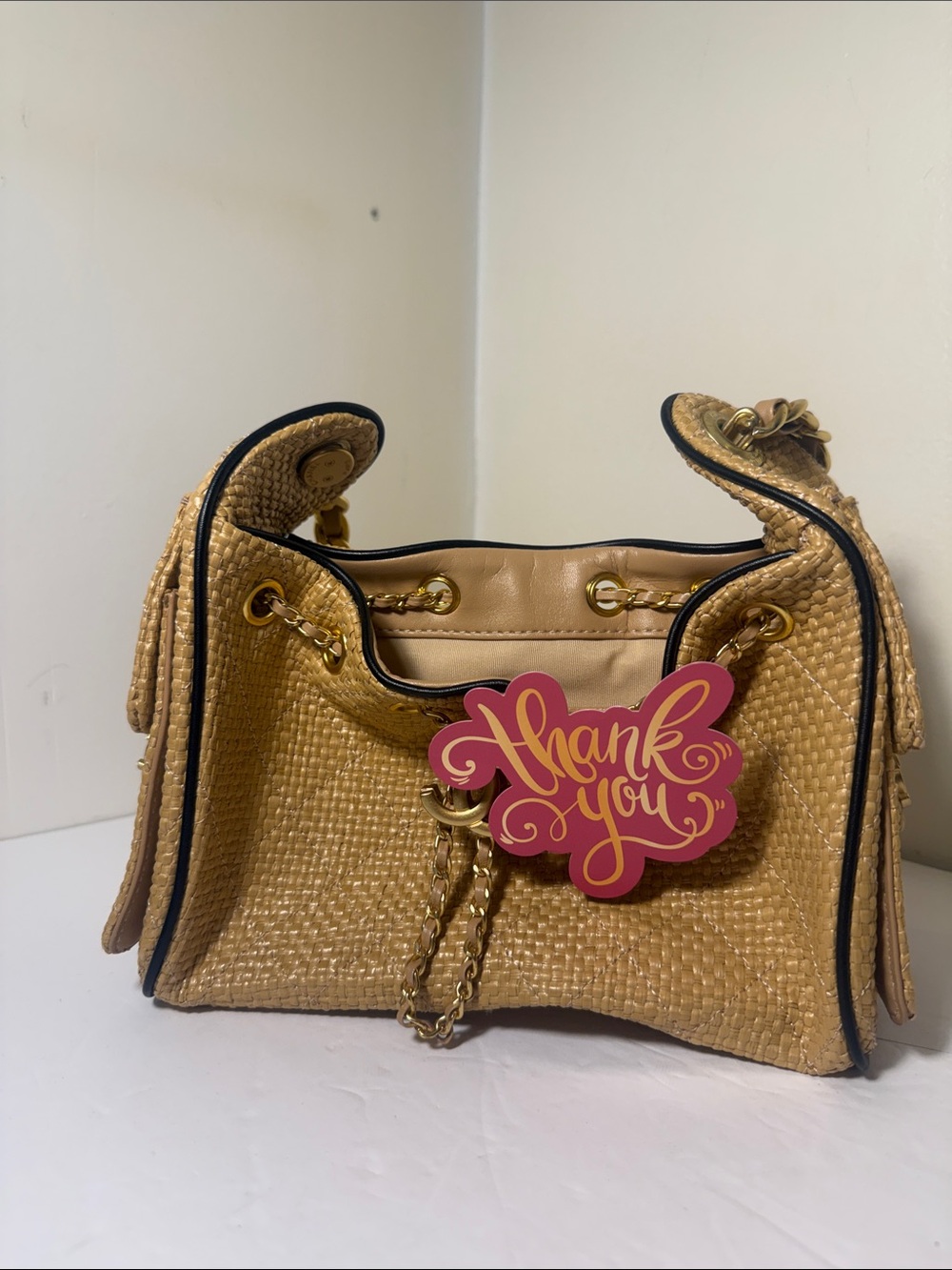 Woven Drawstring Shoulder Bag in Tan with Gold Hardware
